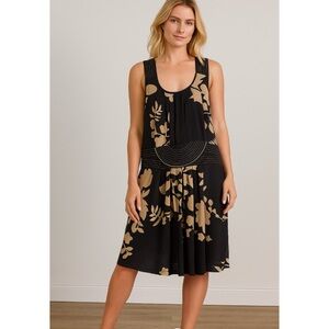 Max Sport Drop Waist Black Tan Floral Flapper Pleated Retro Sleeveless Dress M